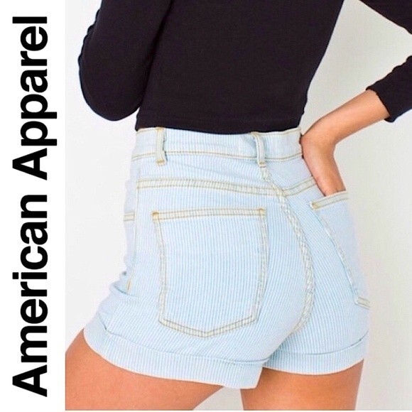 American Apparel Pants - American Apparel High Waisted Striped Denim Jean Shorts Size 24 Light Blue Retro